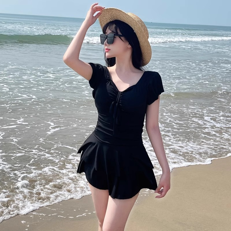 Swimsuit Bikini Ruched - 여성용 레드 V 넥 스커트 원피스