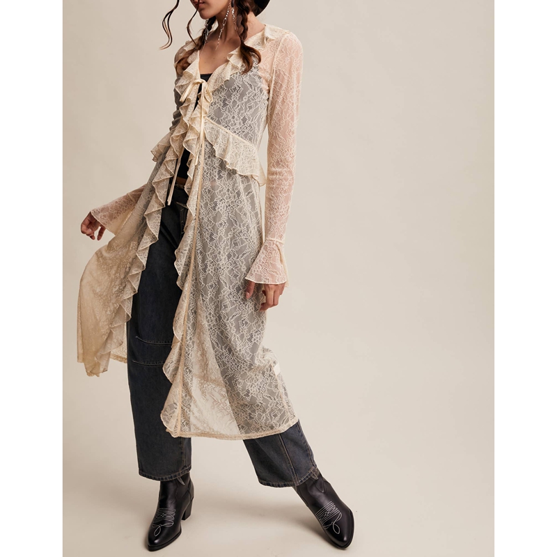 여성용 플로럴 레이스 메쉬 타이 프론트 맥시 탑 러플  - Kimono Sheer Floral 리뷰 및 가격