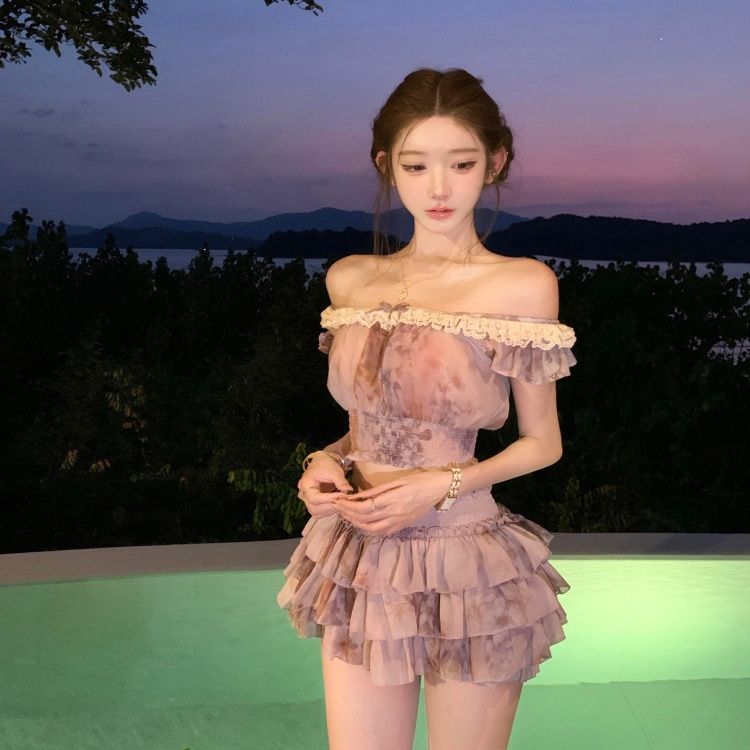 프랑스풍 스윗 코케트 오프숄더 레이스 트림 플로럴 프린 - Romper Floral Print 리뷰 및 가격