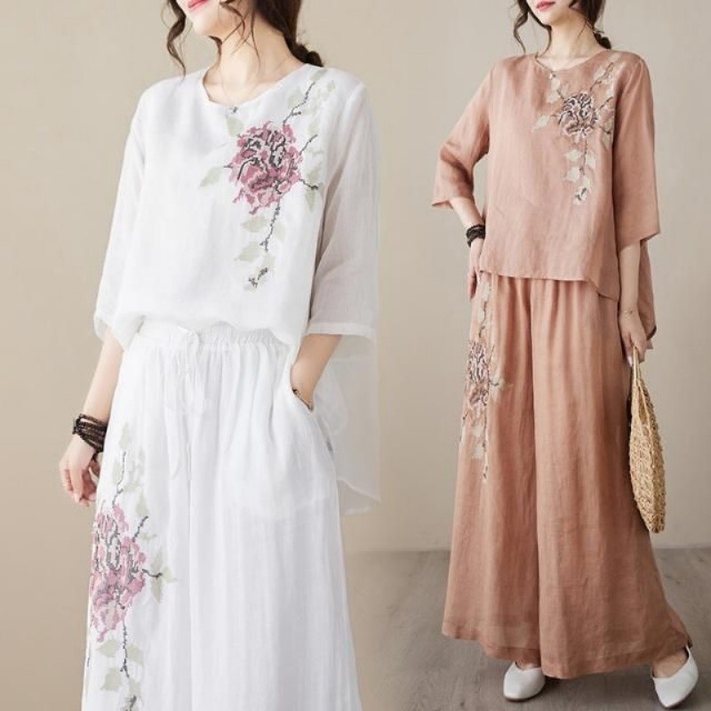 린넨 코튼 투피스 세트 여성 자수 상의 와이드 레그 팬 - Linen Pant Wide 리뷰 및 가격