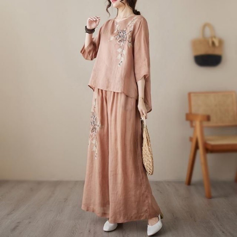 린넨 코튼 투피스 세트 여성 자수 상의 와이드 레그 팬 - Linen Pant Wide 리뷰 및 가격